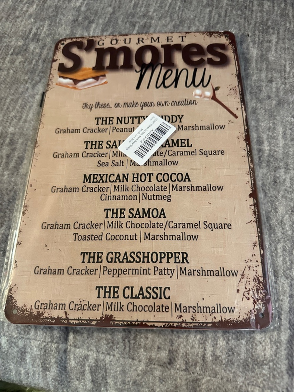 Gourmet S'mores Menu Tin Sign - Rustic Brown & Cream